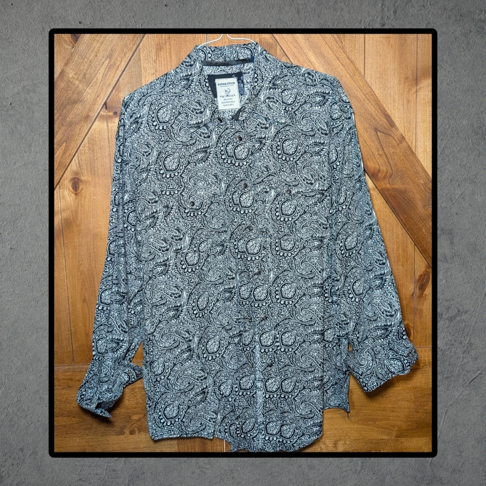 Robert Stock Paisley Button-Up Shirt – Black & White, Long Sleeve